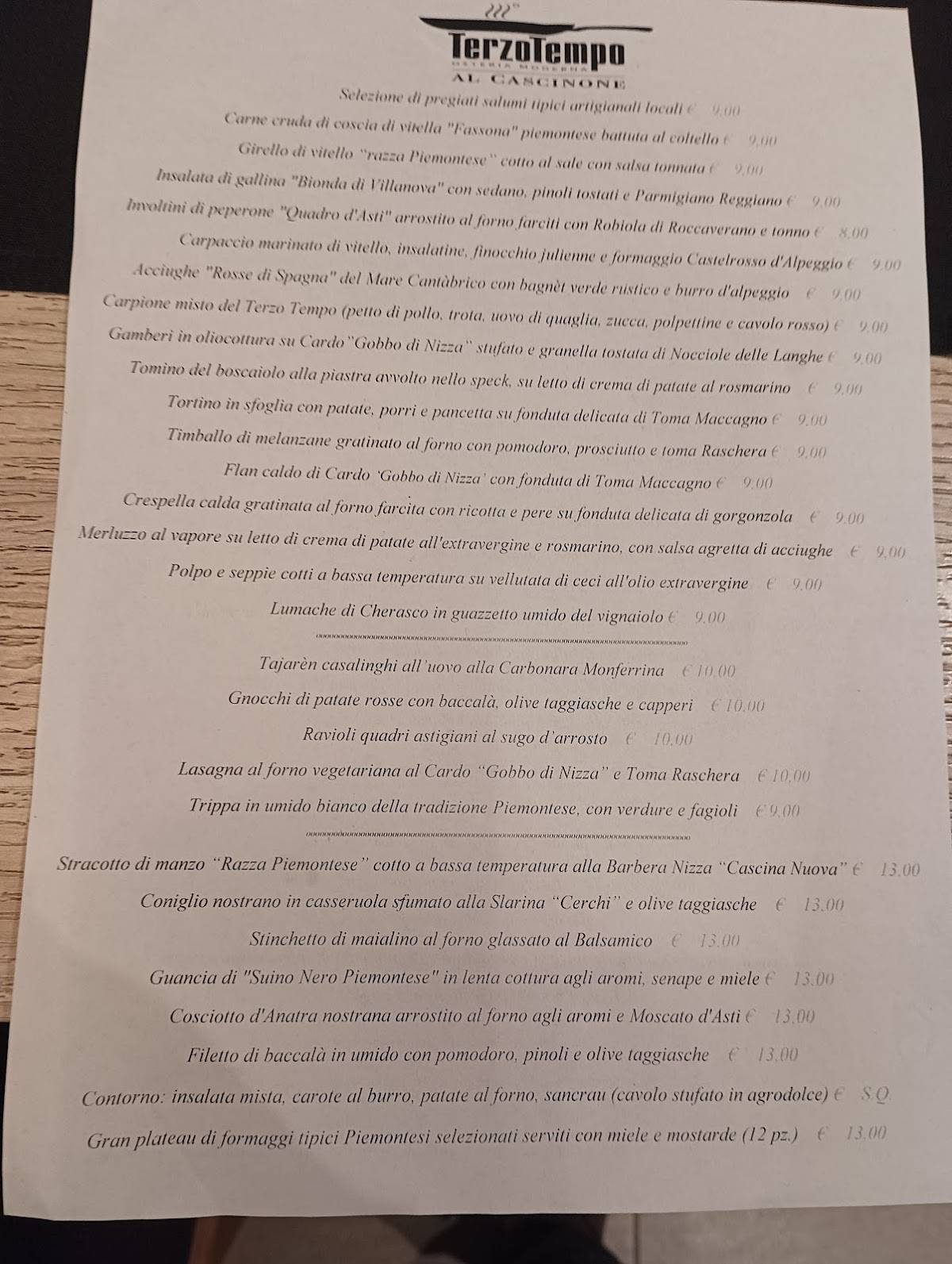Menu di Terzo Tempo al Cascinone 