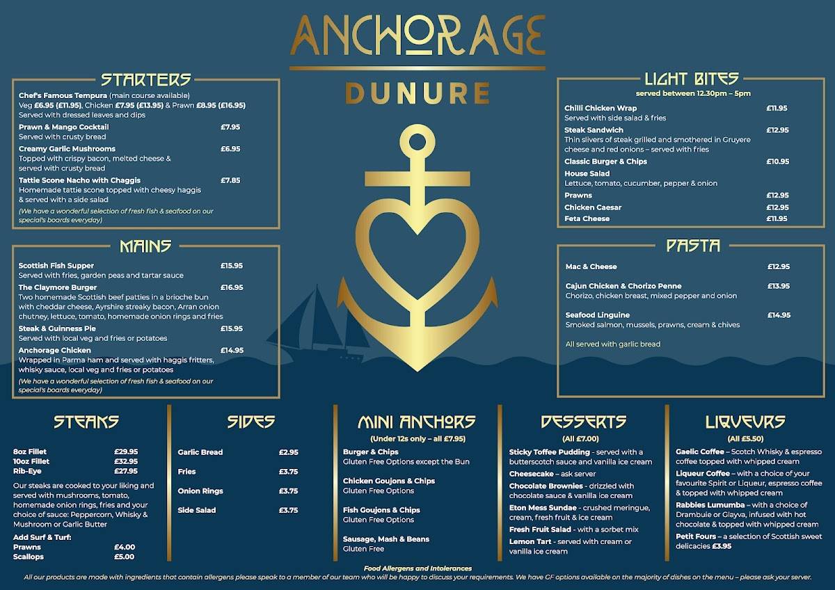 Menu at The Anchorage restaurant, Dunure