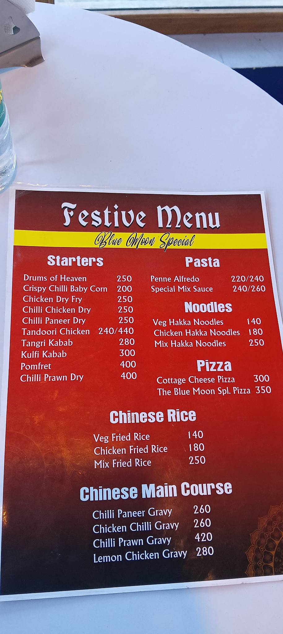 The Blue Moon menu