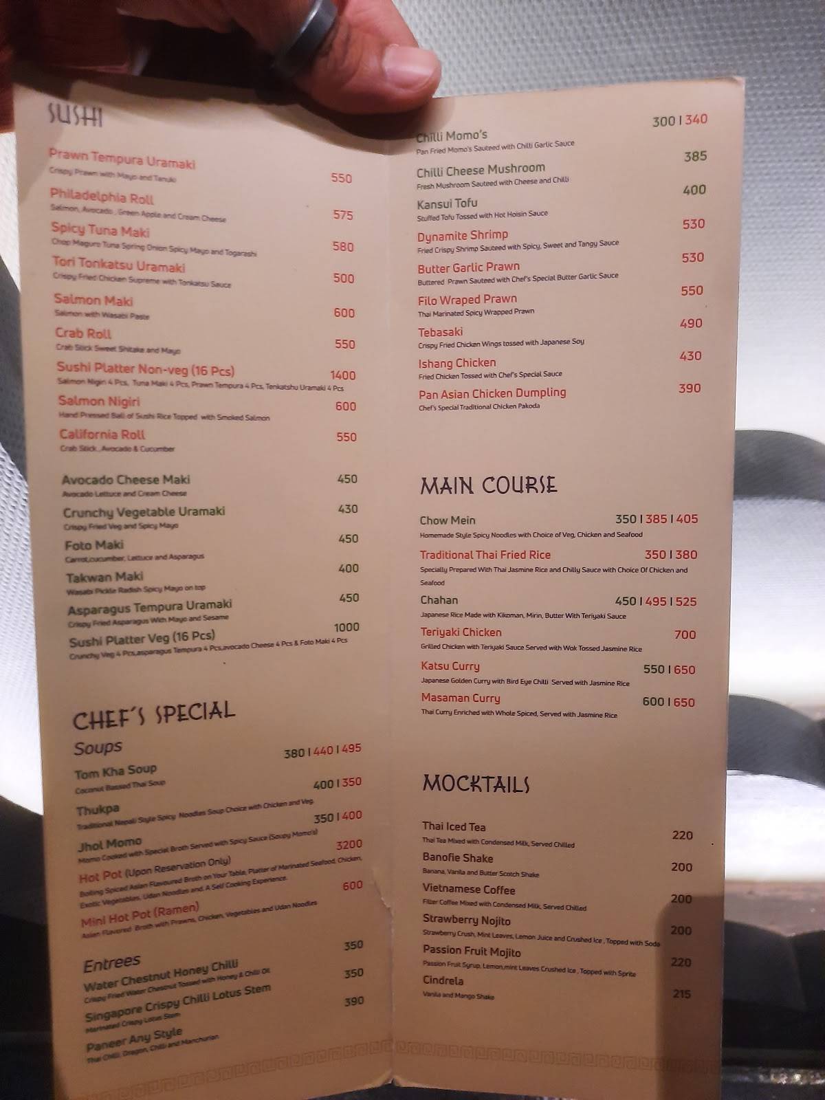 The Cascade Restaurant menu