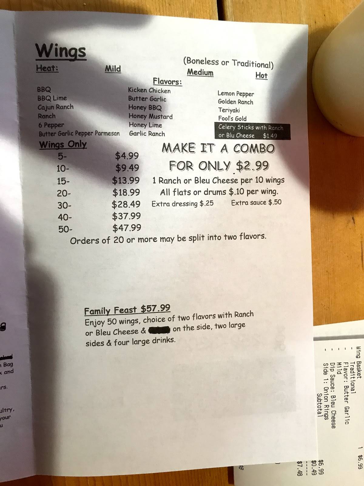 Menu at The Coop restaurant, Macclenny