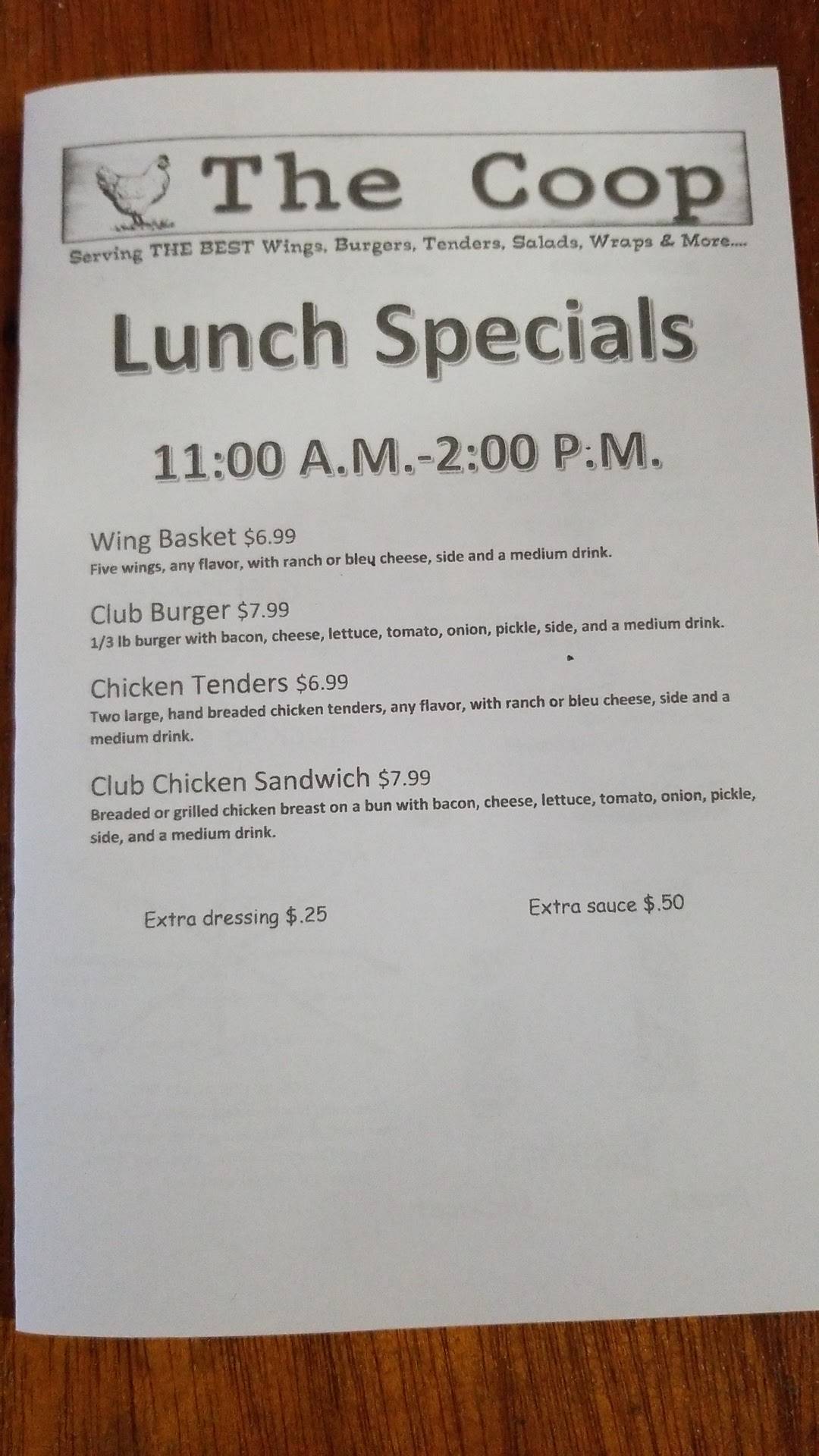 Menu at The Coop restaurant, Macclenny