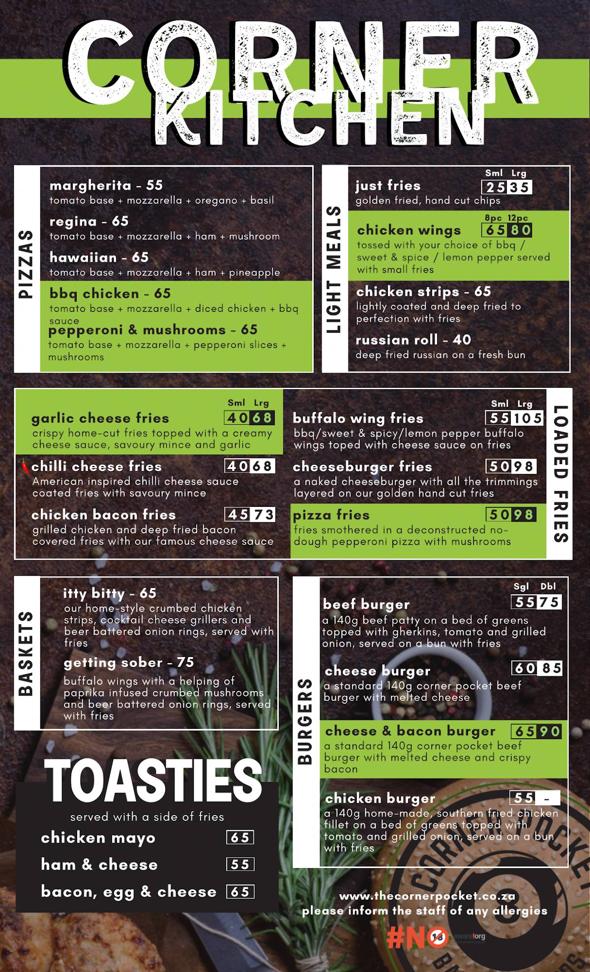 Menu at The Corner Pocket Bar & Billiards, Pretoria