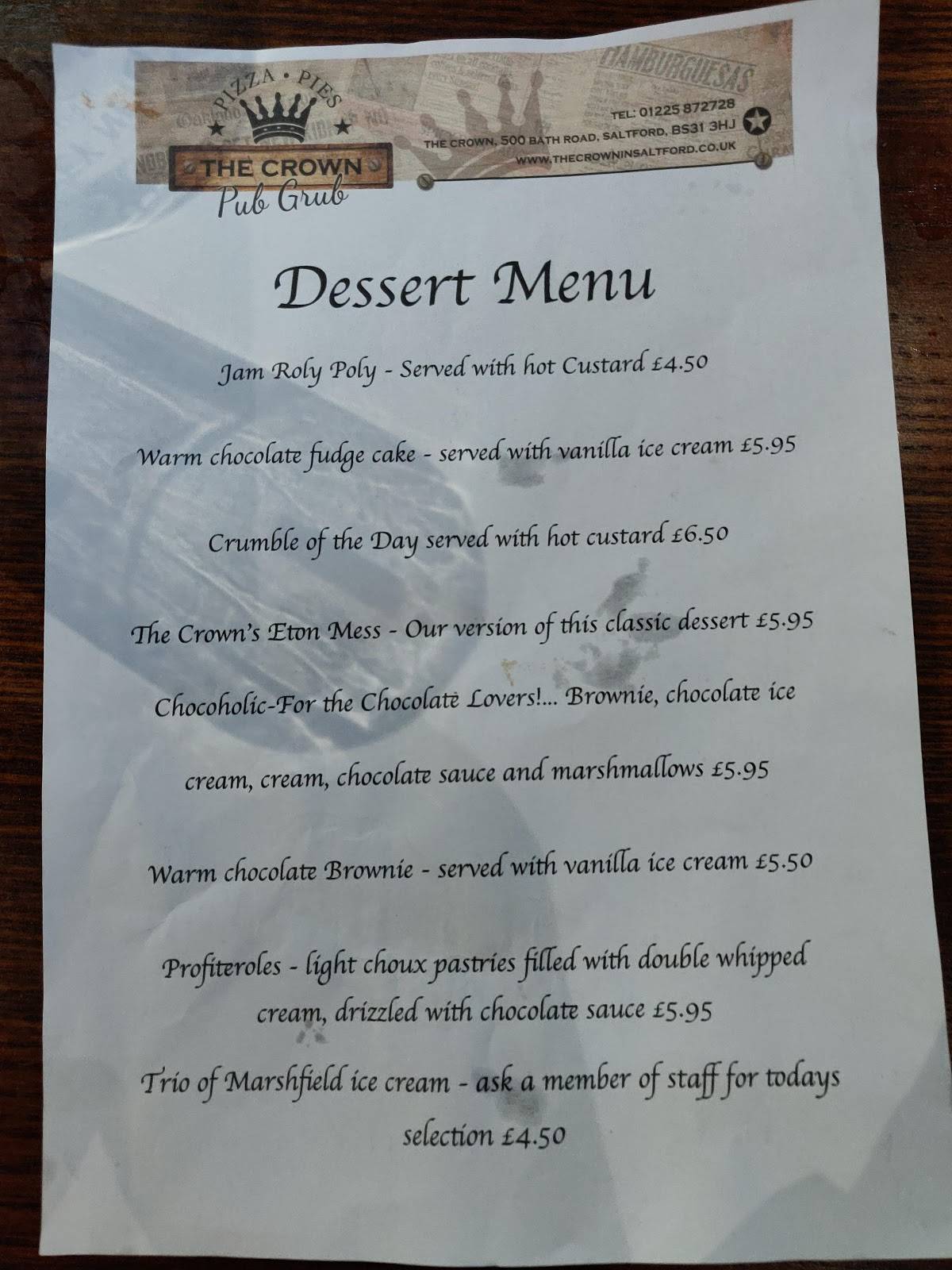 Menu at The Crown In Saltford pub & bar, Bristol, 500 Bath Rd