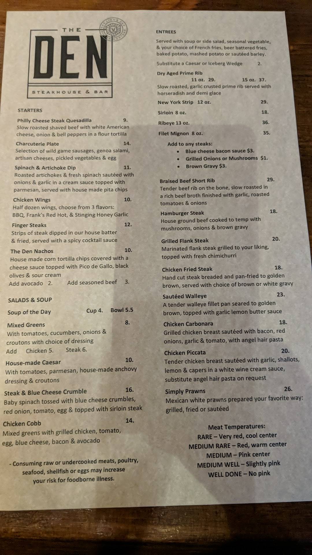 Menu at The Den steakhouse, Dillon