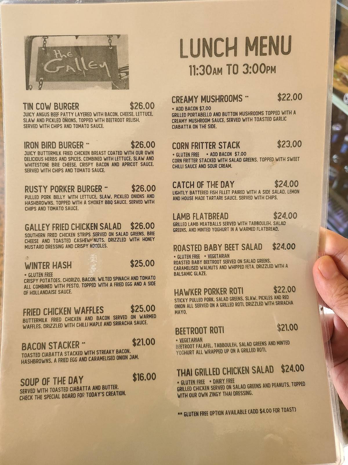 Menu at The Galley cafe, Oamaru