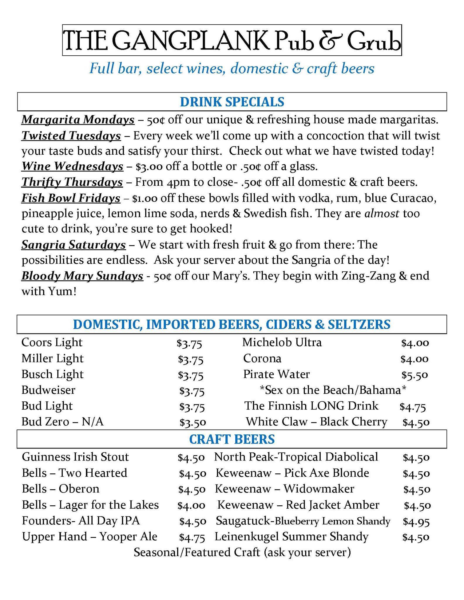Menu at The Gangplank pub & bar, Saint Ignace