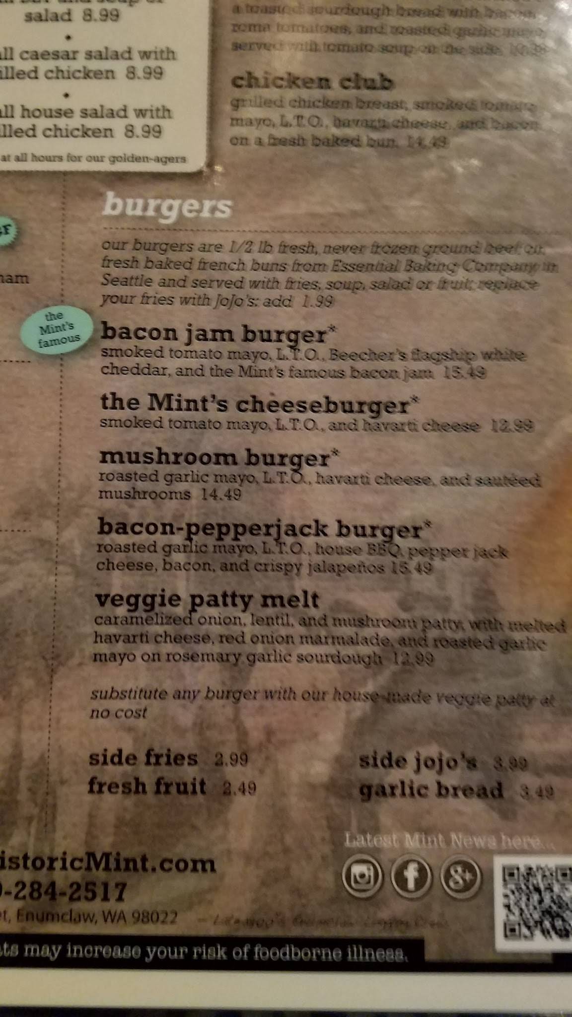 Menu at The Historic Mint Restaurant & Alehouse, Enumclaw