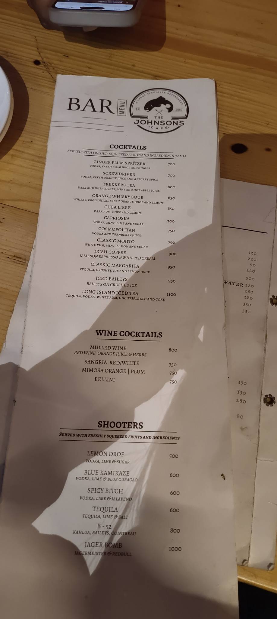 The Johnson's Cafe Hotel & Bar menu