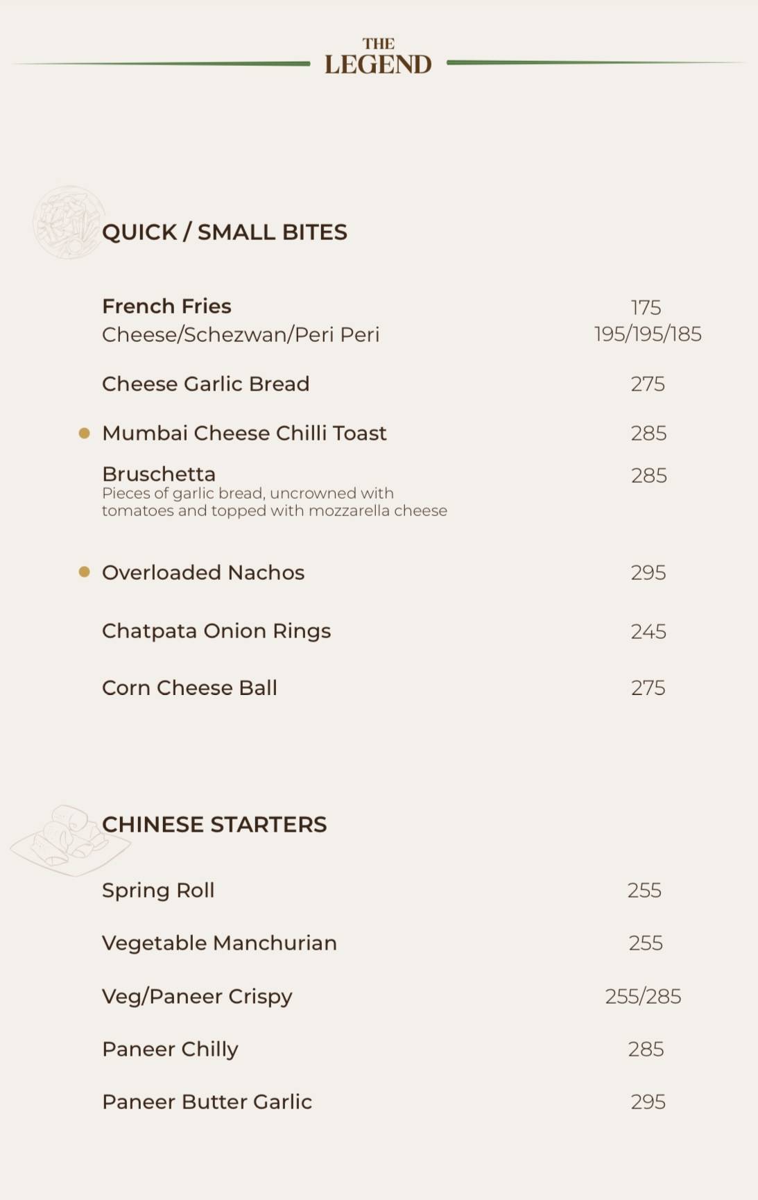 The Legend Restaurant menu