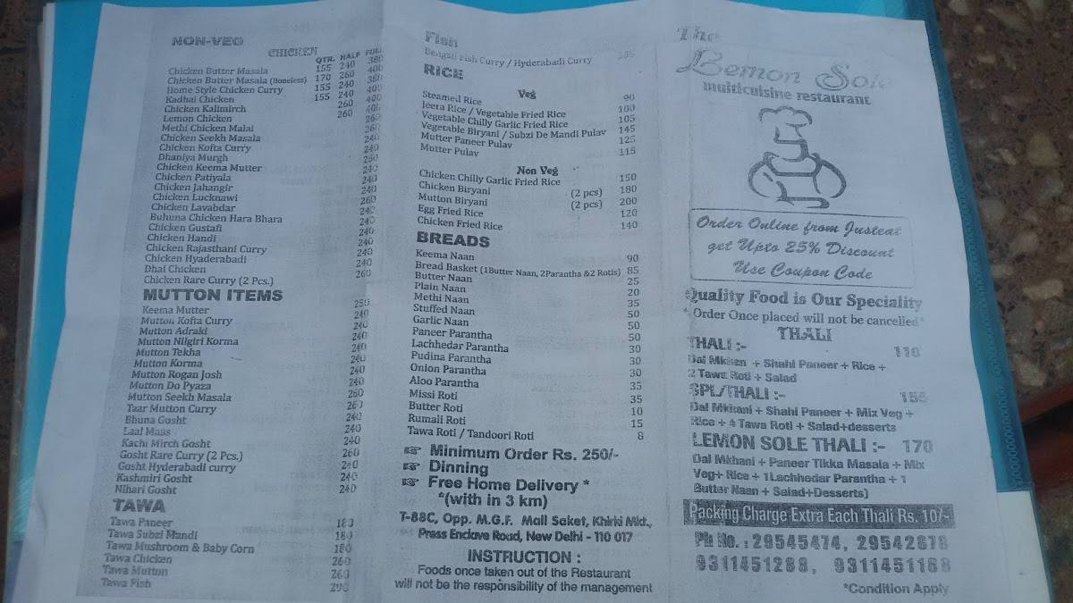 The Lemon Sole menu