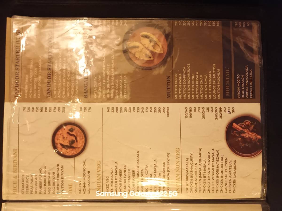The Lounge bar cum restaurant menu