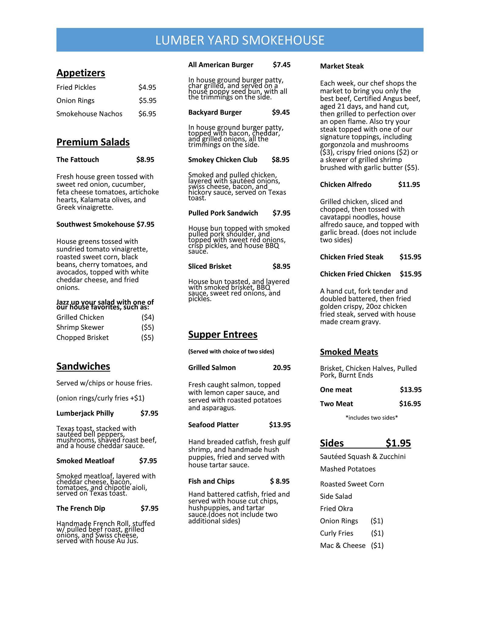 Menu at The Lumber Yard restaurant, Winfield