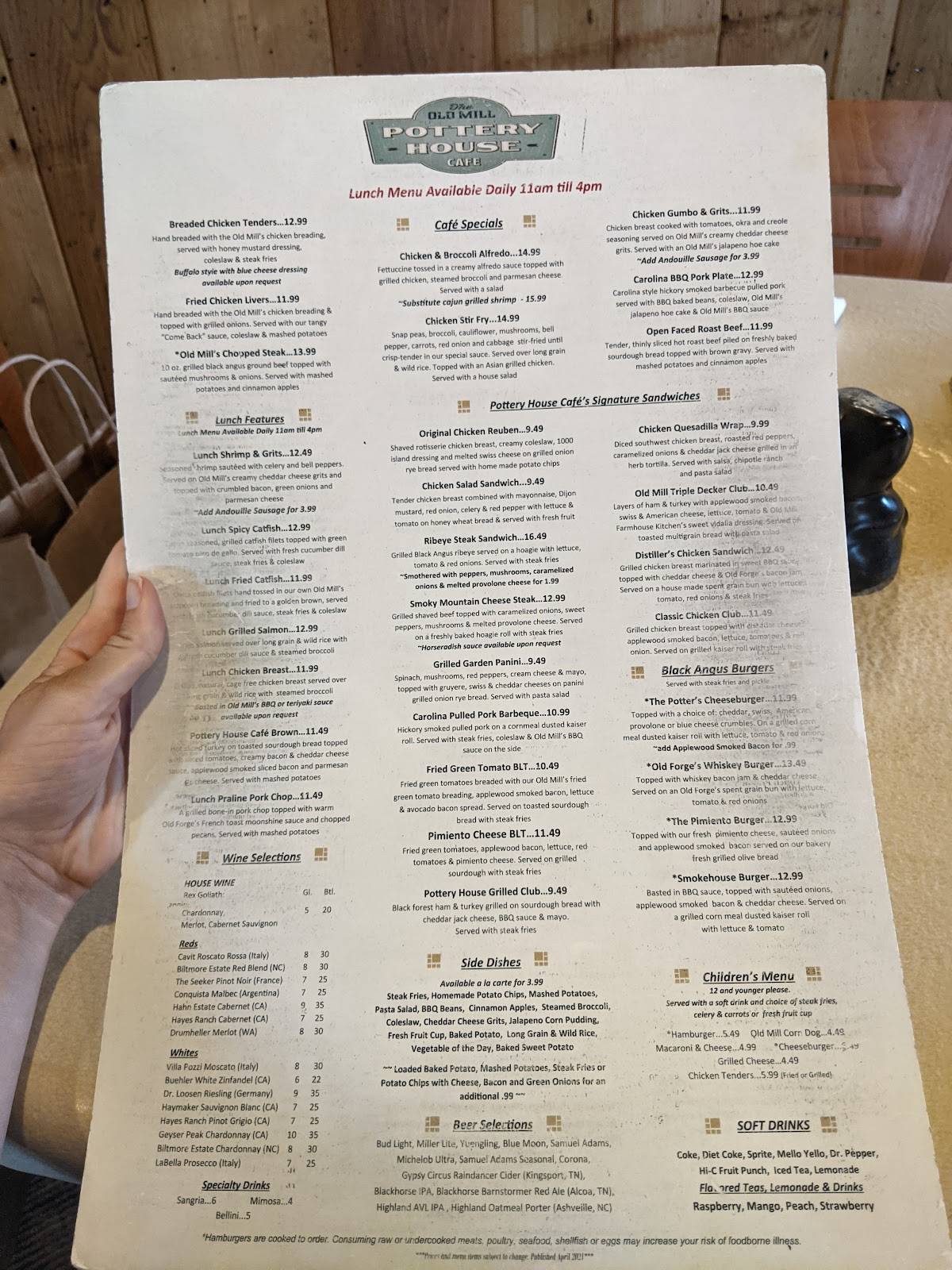 Menu at The Old Mill Pottery House Café cafe, Pigeon Old Mill St