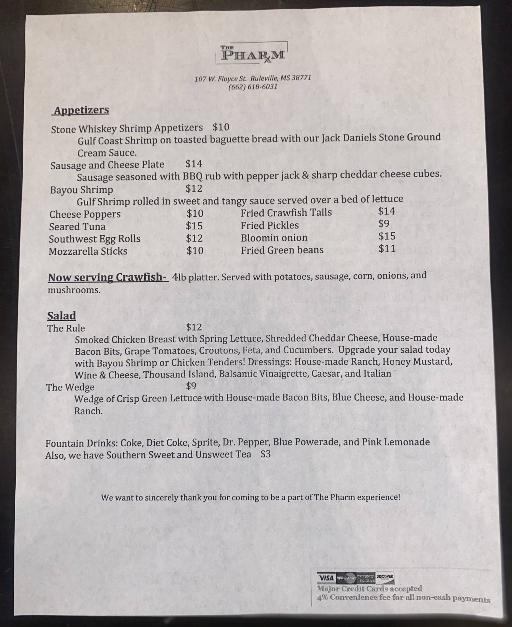 Menu at The Pharm restaurant, Ruleville