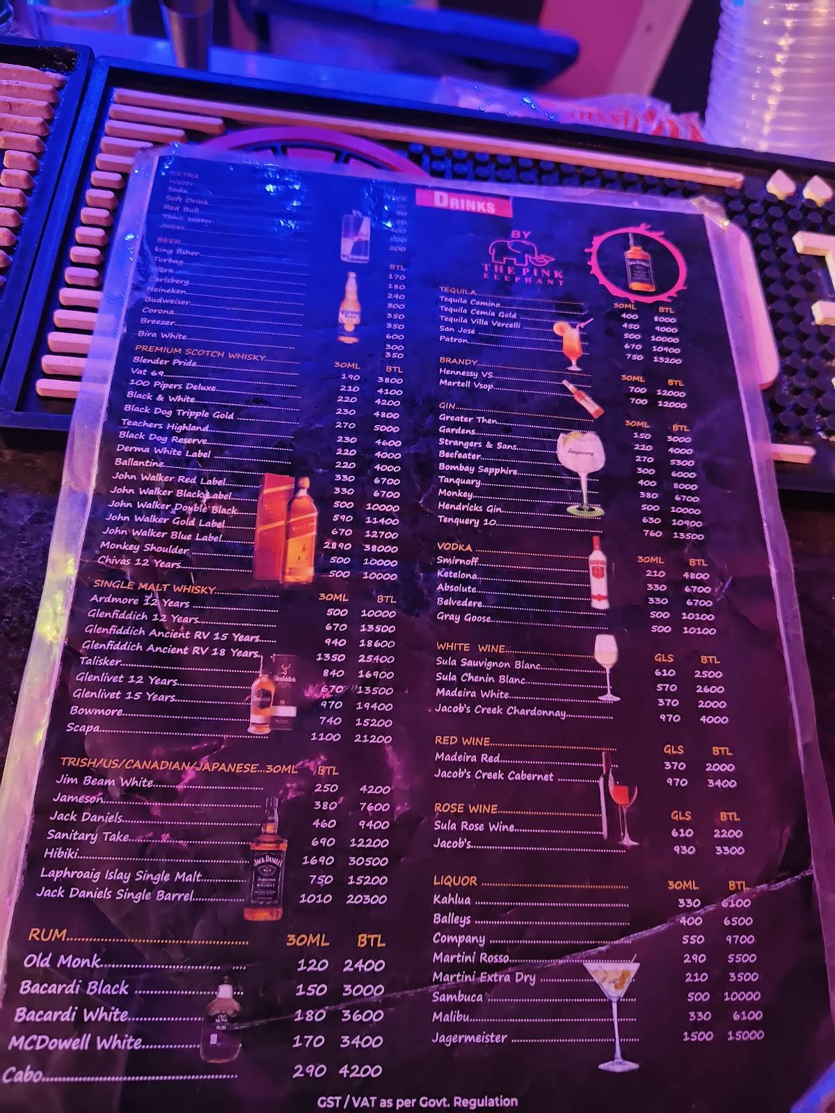 The Pink Elephant menu