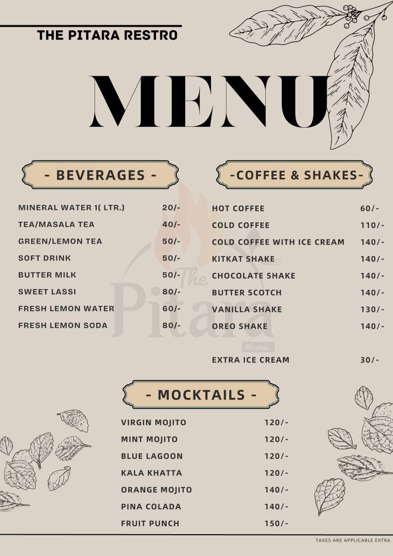 The Pitara Restaurant menu