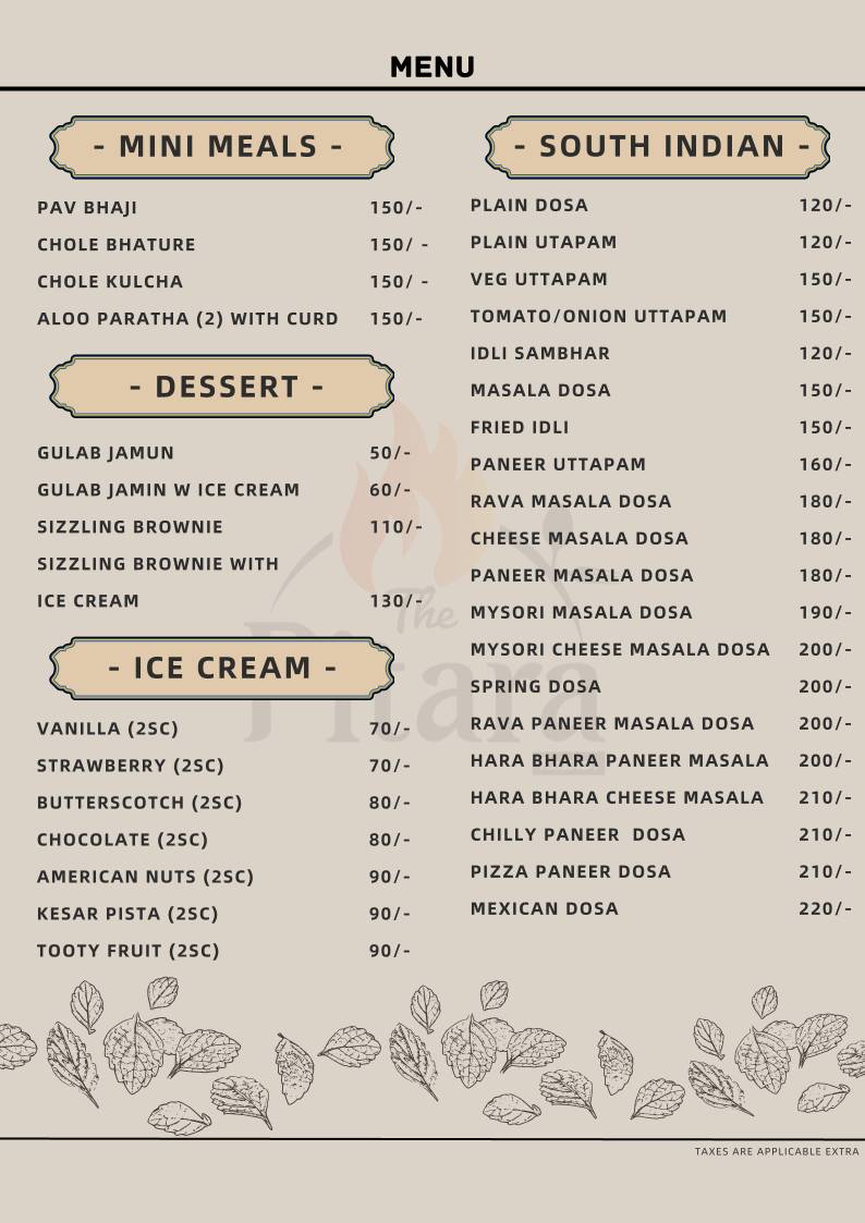 The Pitara Restaurant menu