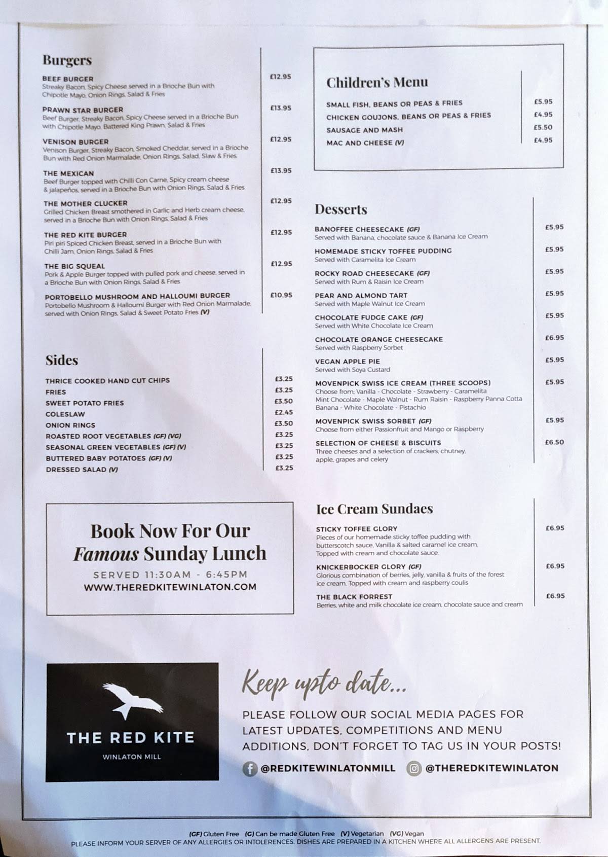 Menu at The Red Kite restaurant, Blaydon