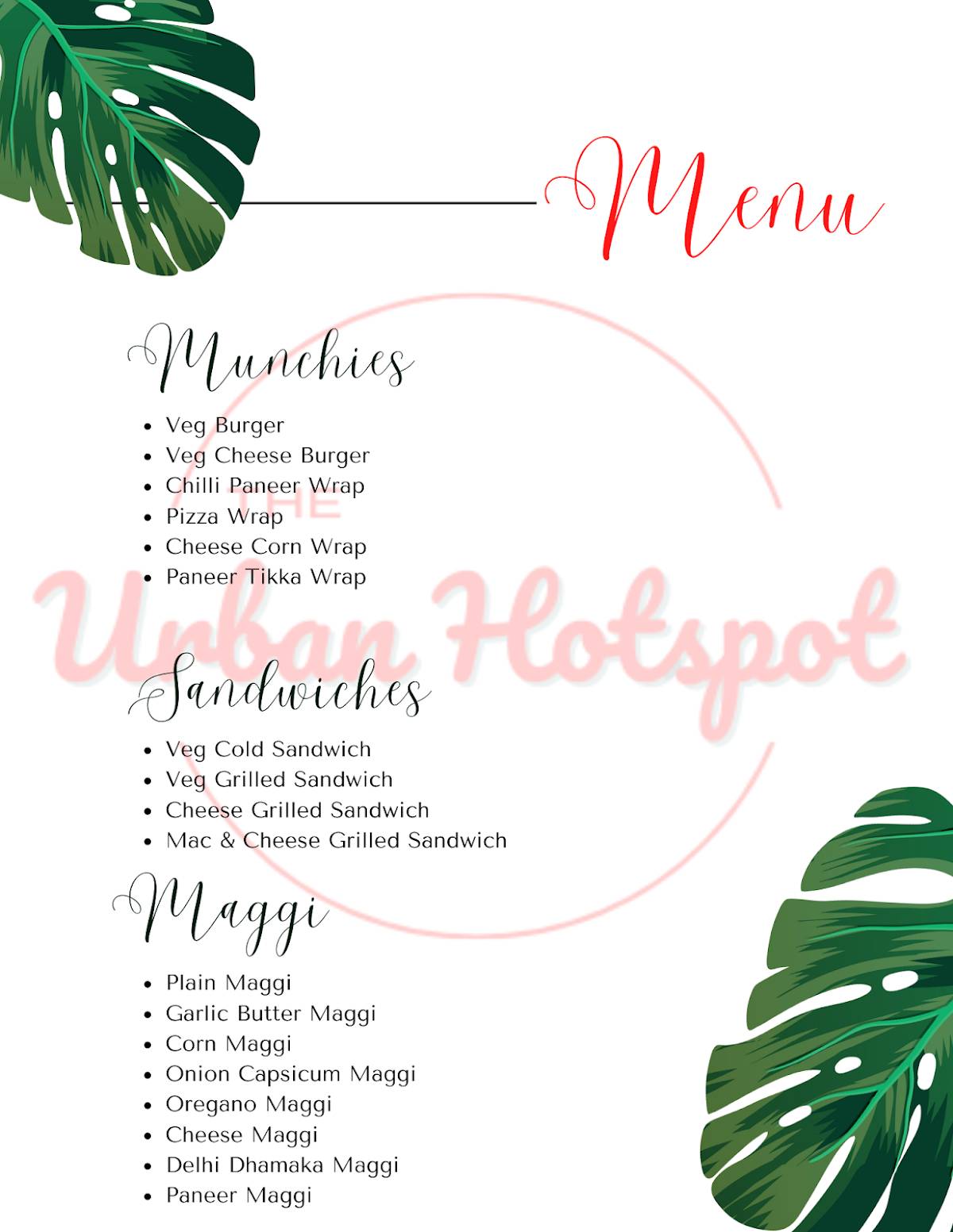 The Urban Hotspot menu