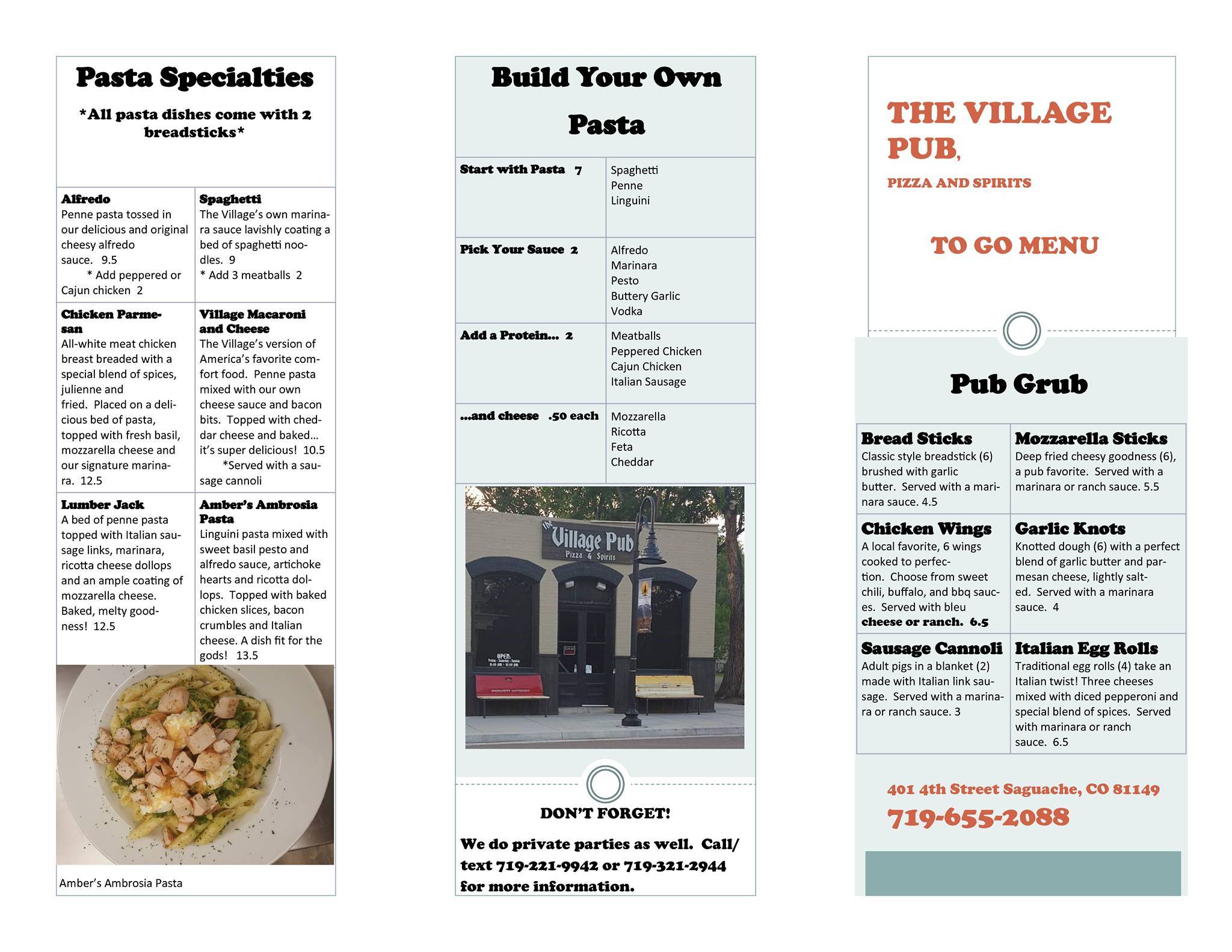 Menu at The Village Pub, Pizza & Spirits, Saguache