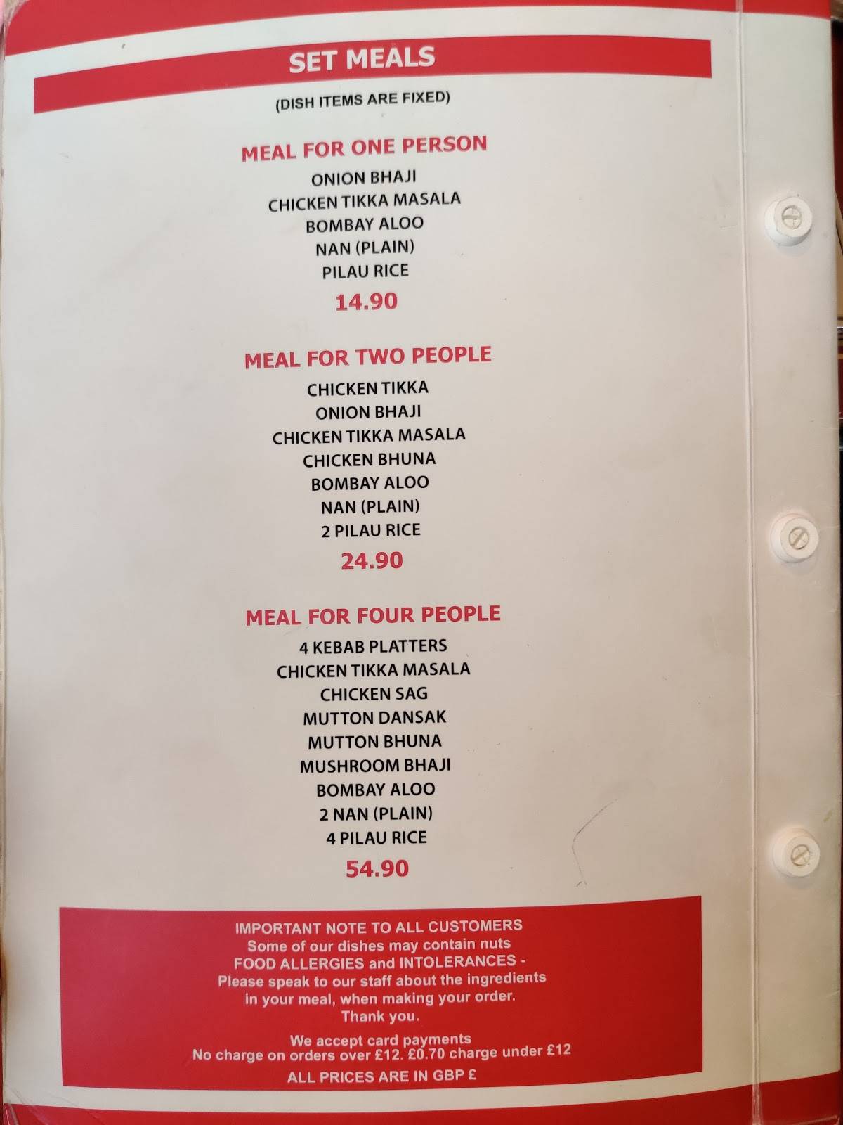 Menu at Tiffin restaurant, Ystalyfera