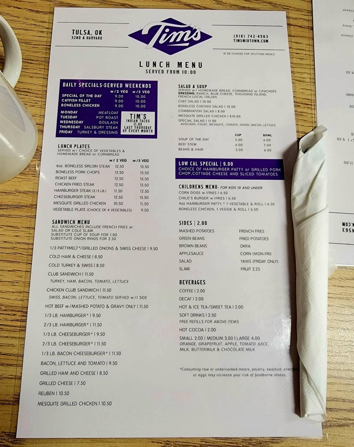 Menu at Tim's Midtown Diner restaurant, Tulsa