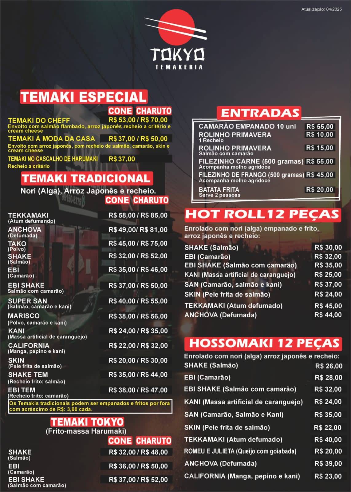 Tokyo temakeria cardápio
