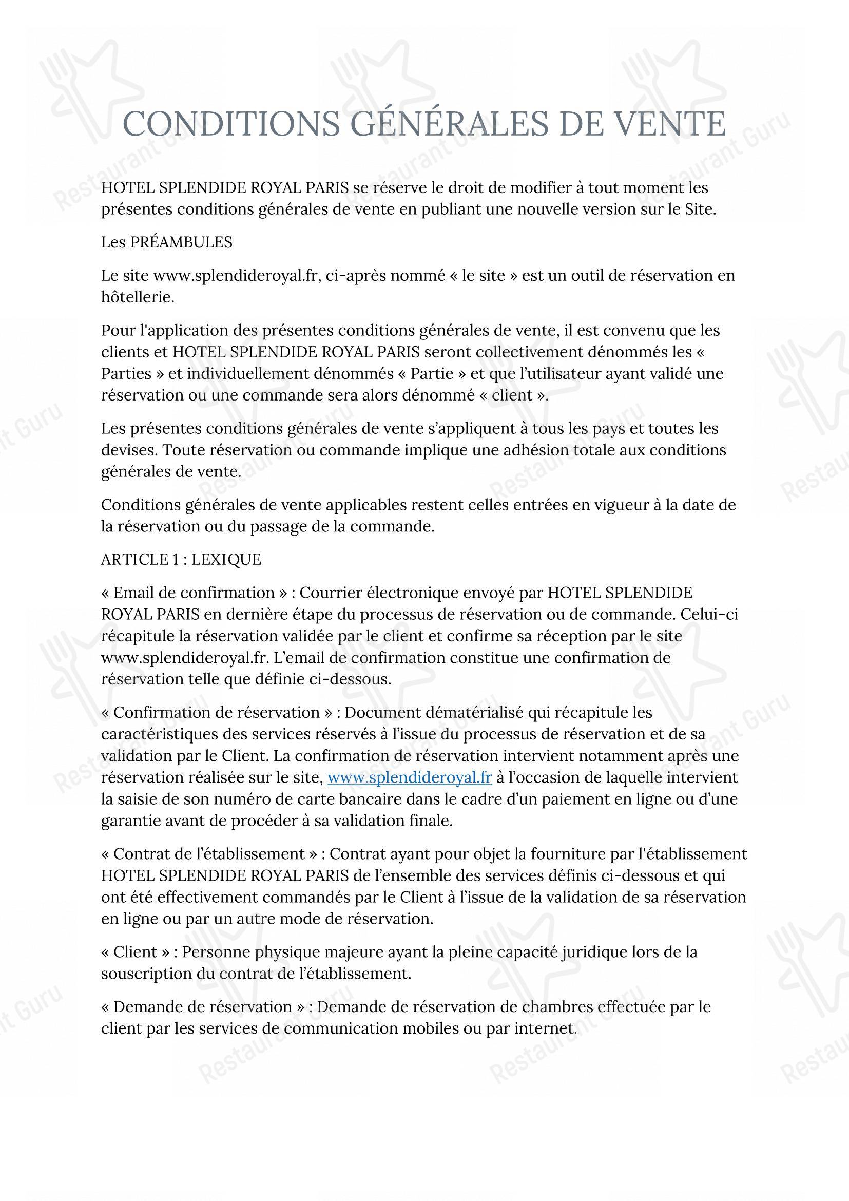 Tosca dans Paris - 菜单