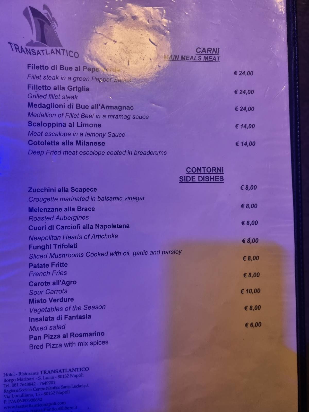Menu di Transatlantico Ristorante Suite 