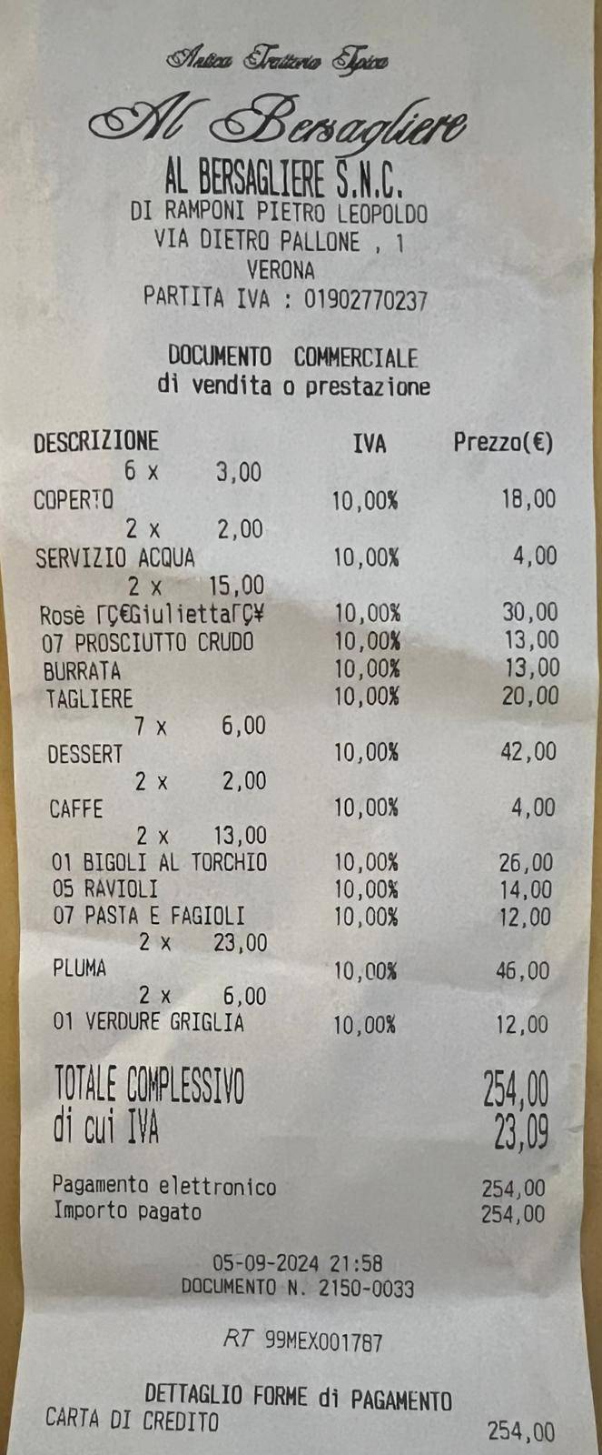 Menu di Al Bersagliere 