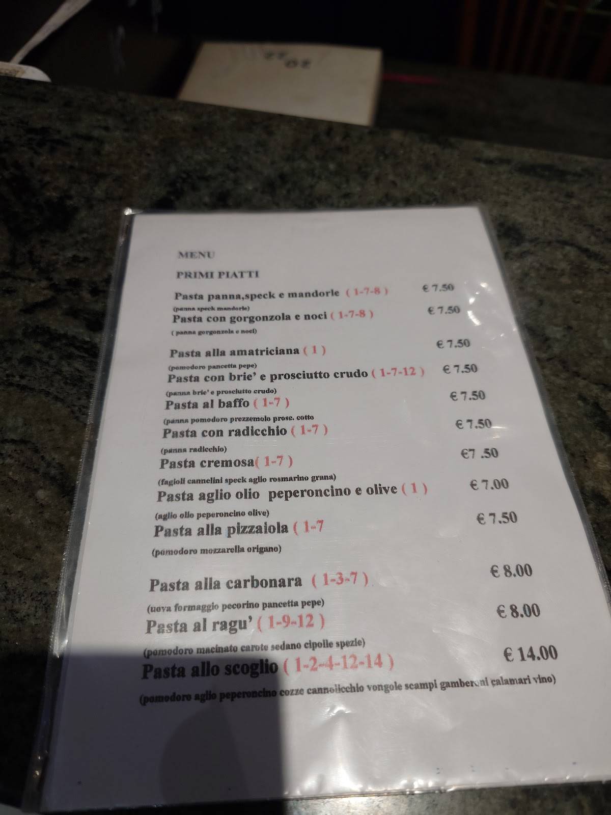 Menu di Trattoria bar Red Rose da Gina 