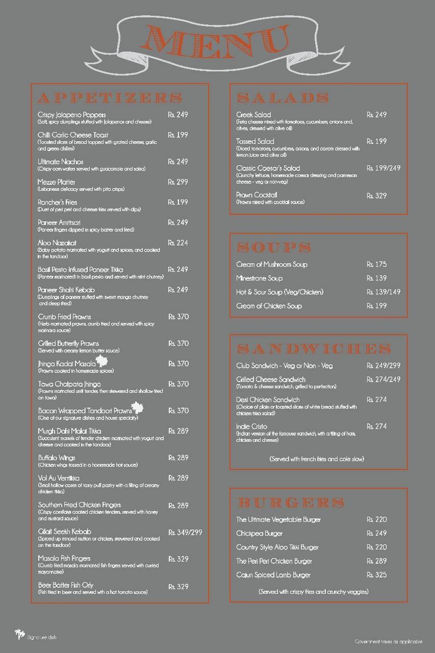 Tree Tops Bar & Kitchen menu