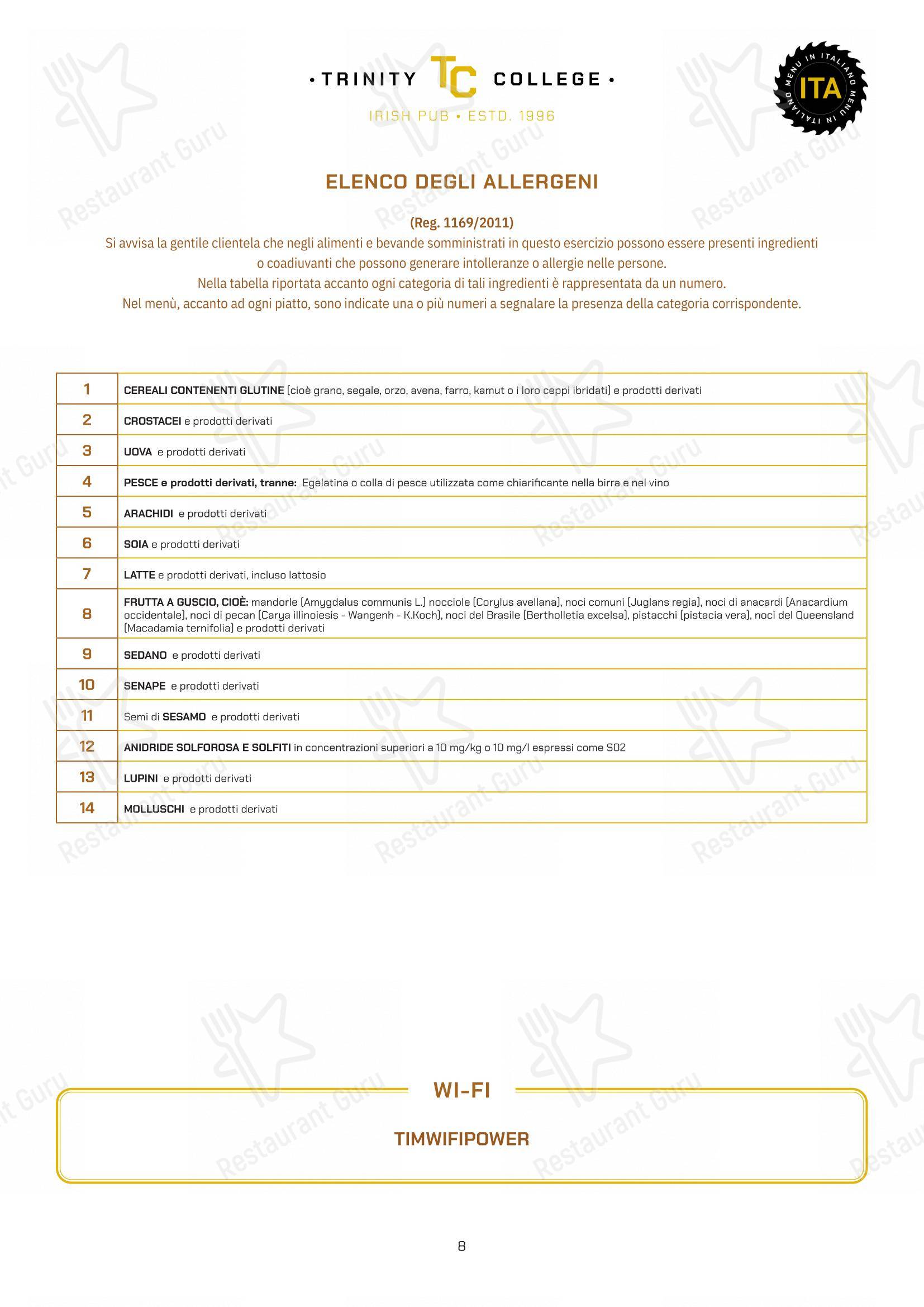 Menu per Trinity College Pub ristorante