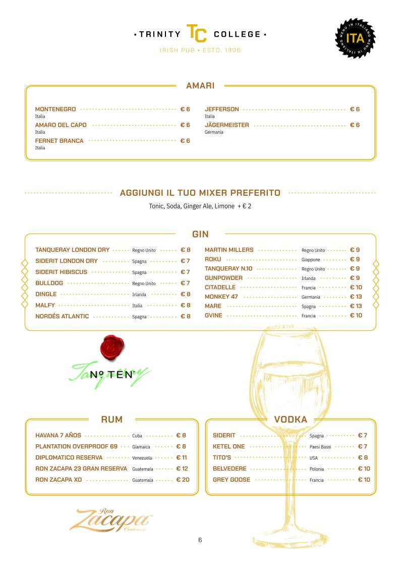 Menu di Trinity College Pub 