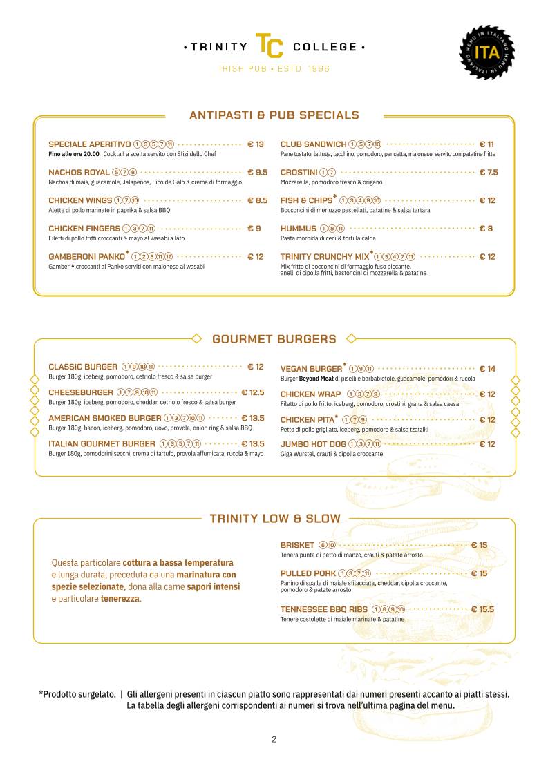 Menu di Trinity College Pub 