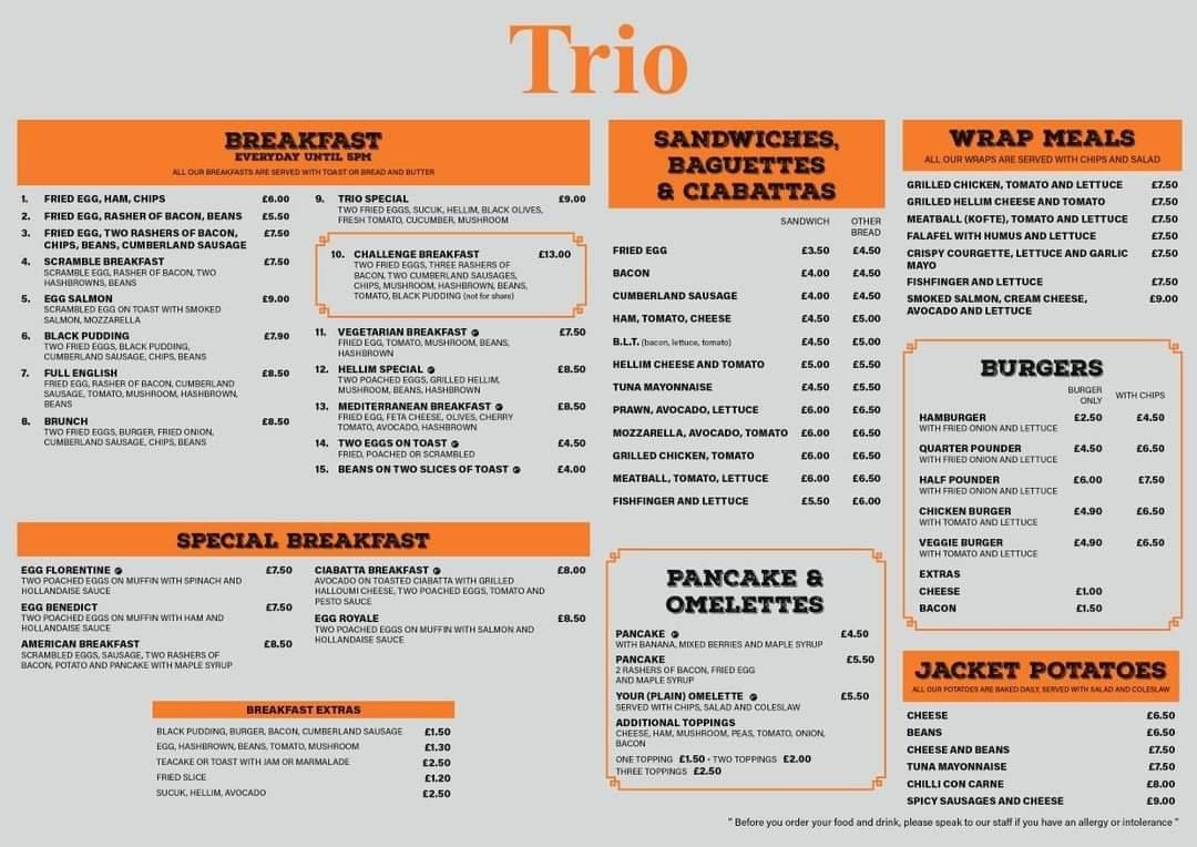 Menu at Trio restaurant, Welwyn Garden City