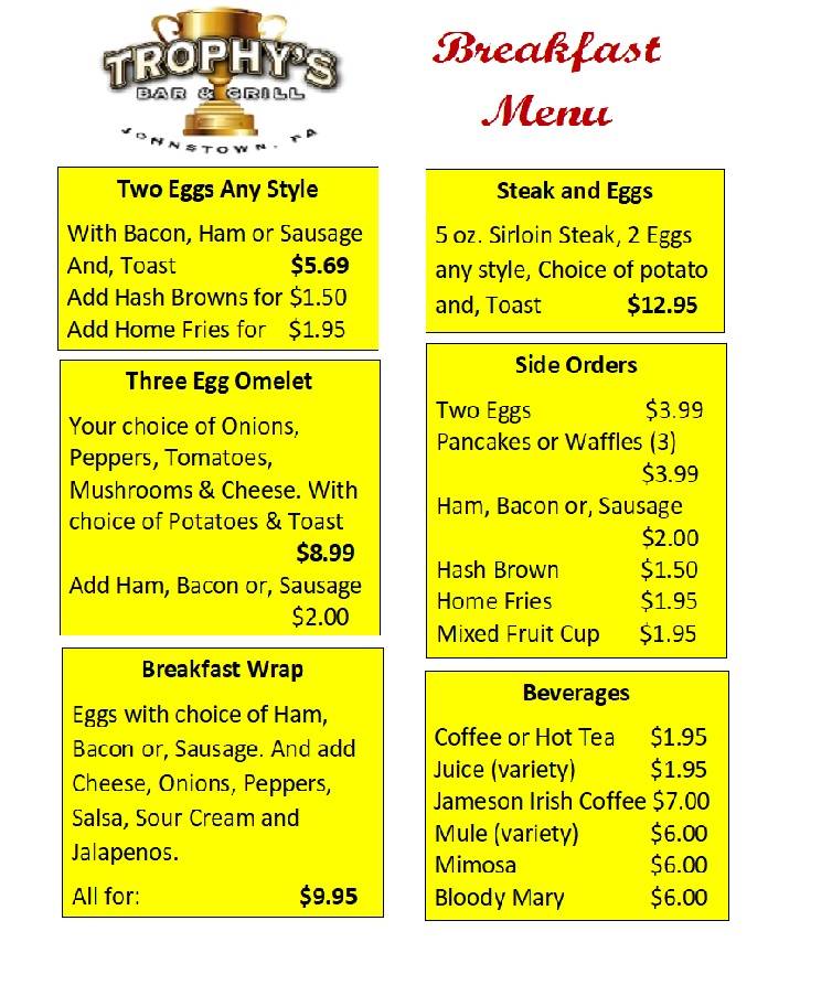 Menu at Trophy's Bar And Grill, Johnstown