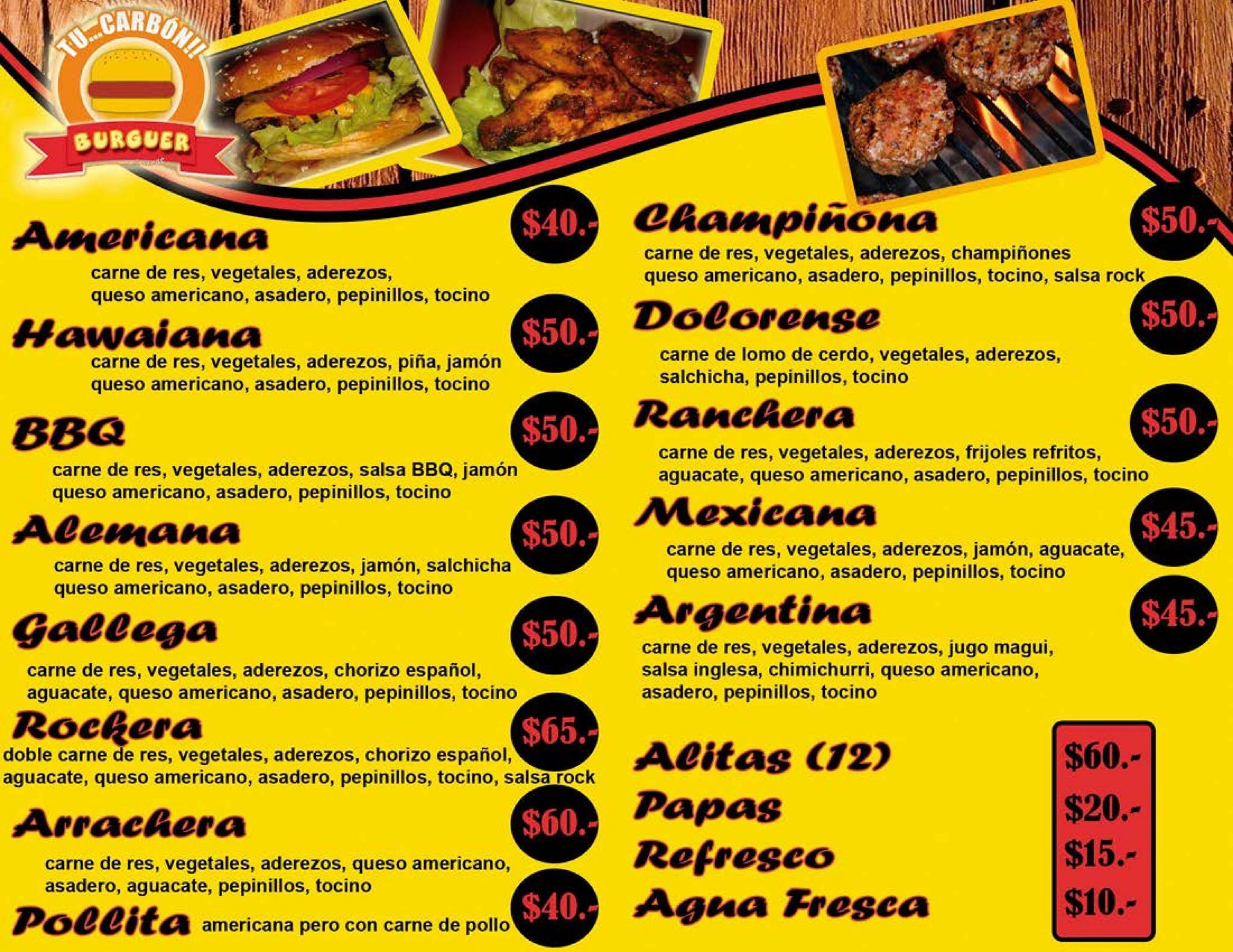 Menu at Tu Carbón Burguer restaurant, Dolores Hidalgo