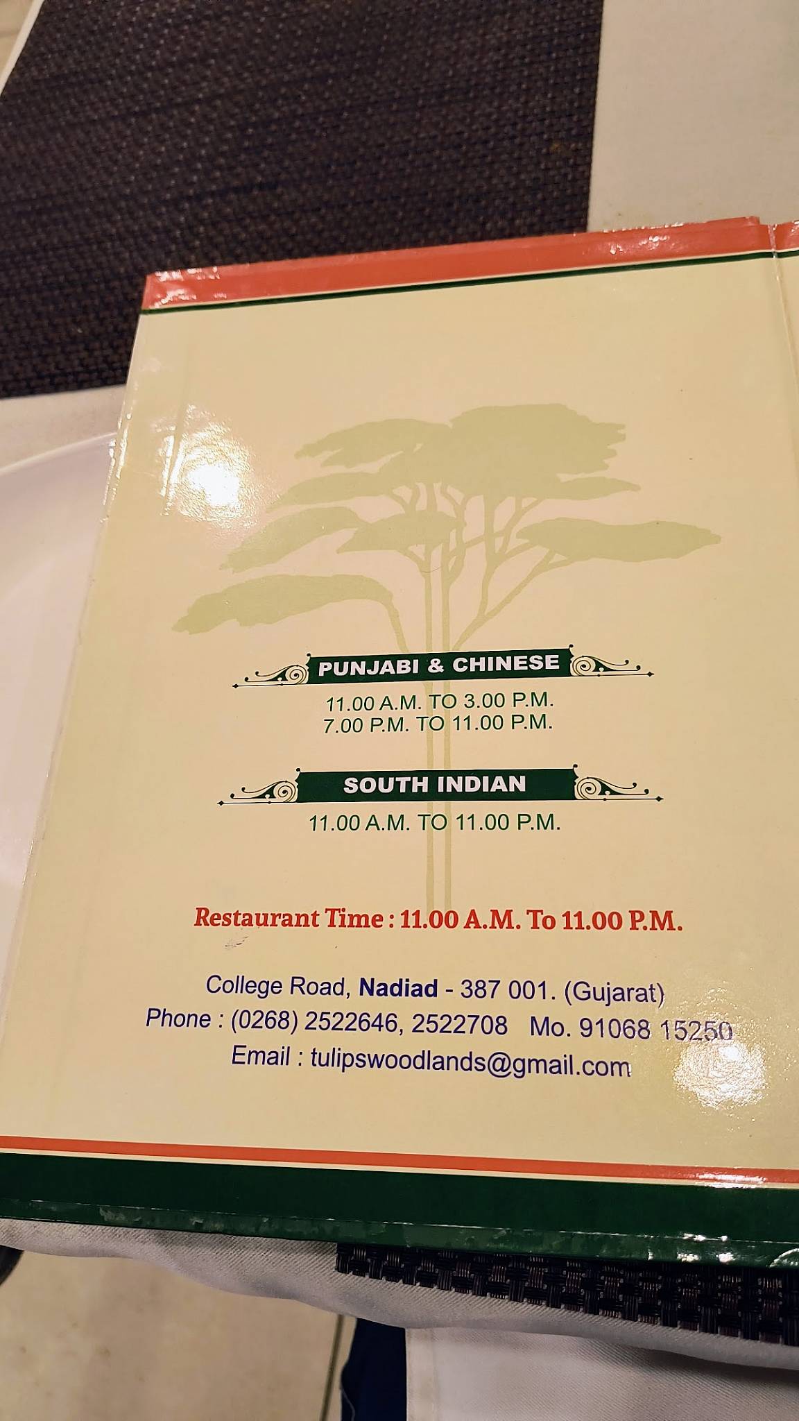 Tulips Woodlands Restaurant menu