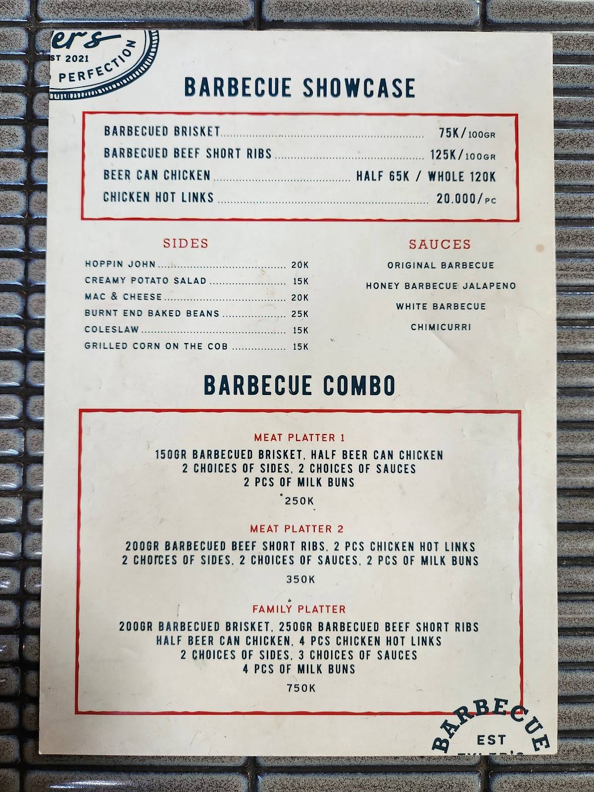 Menu at Tyler's Smoke House restaurant, Semarang