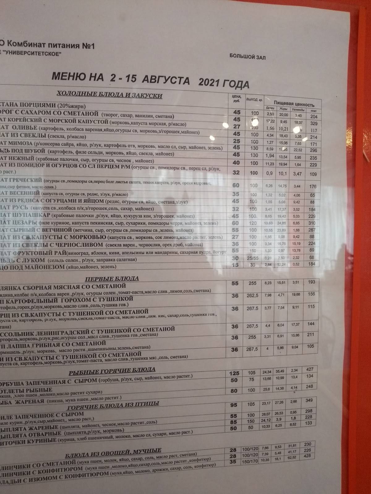 Menu de Universitetskoye