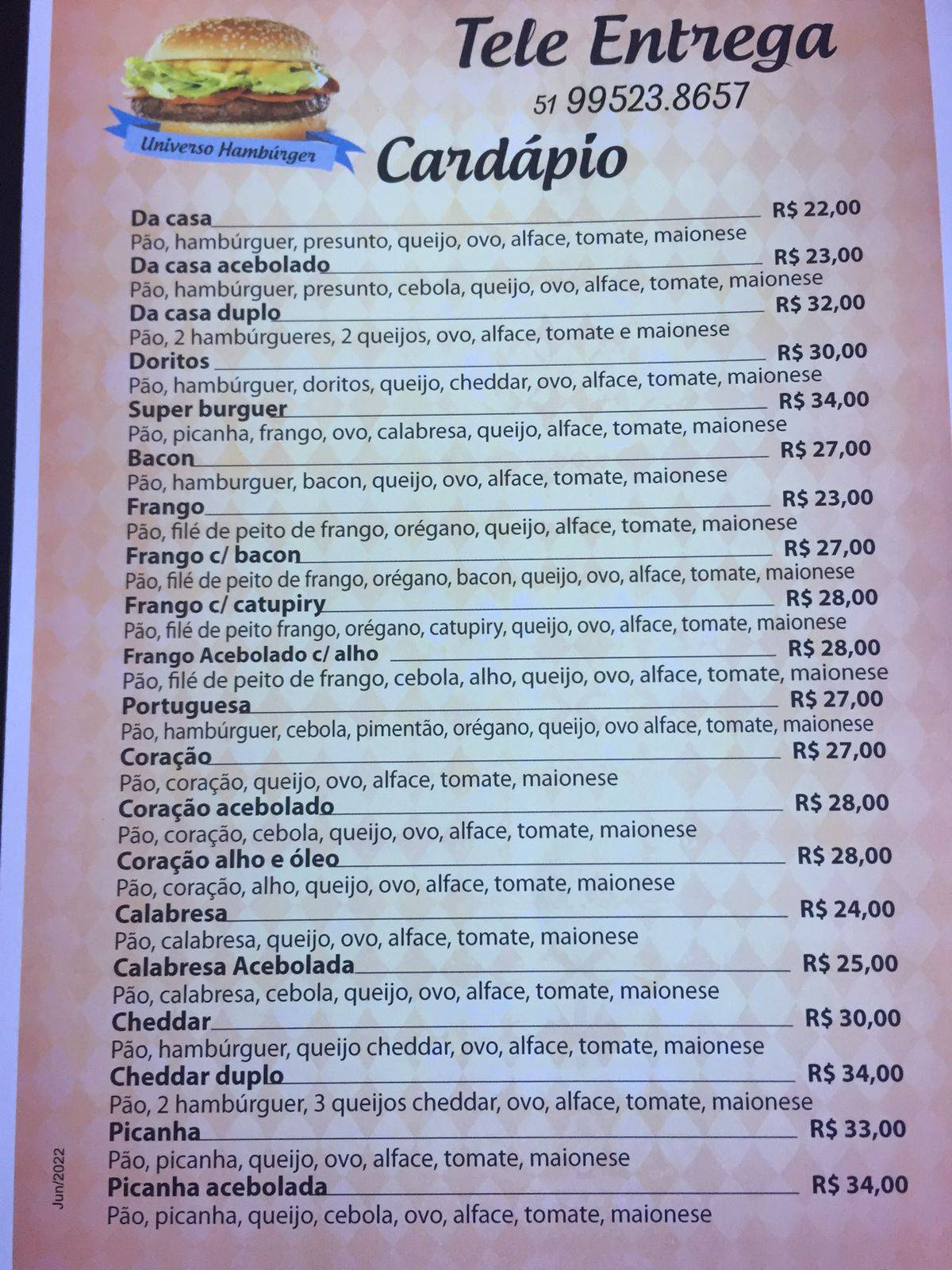 Universo Hamburguer cardápio