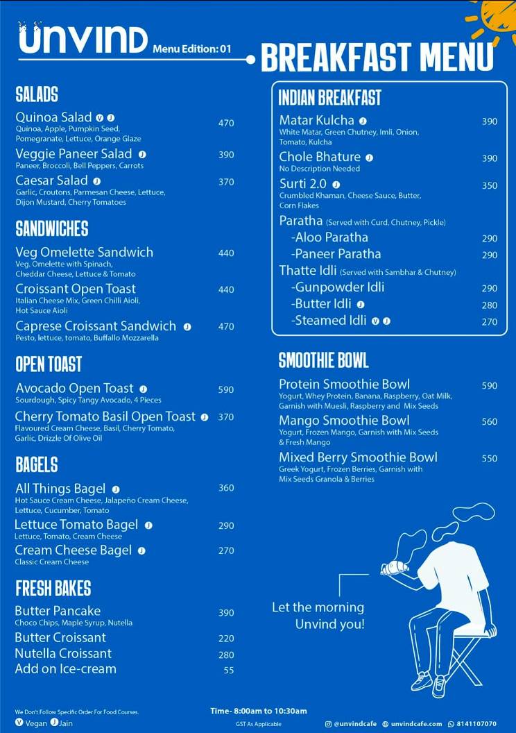 Unvind Cafe menu
