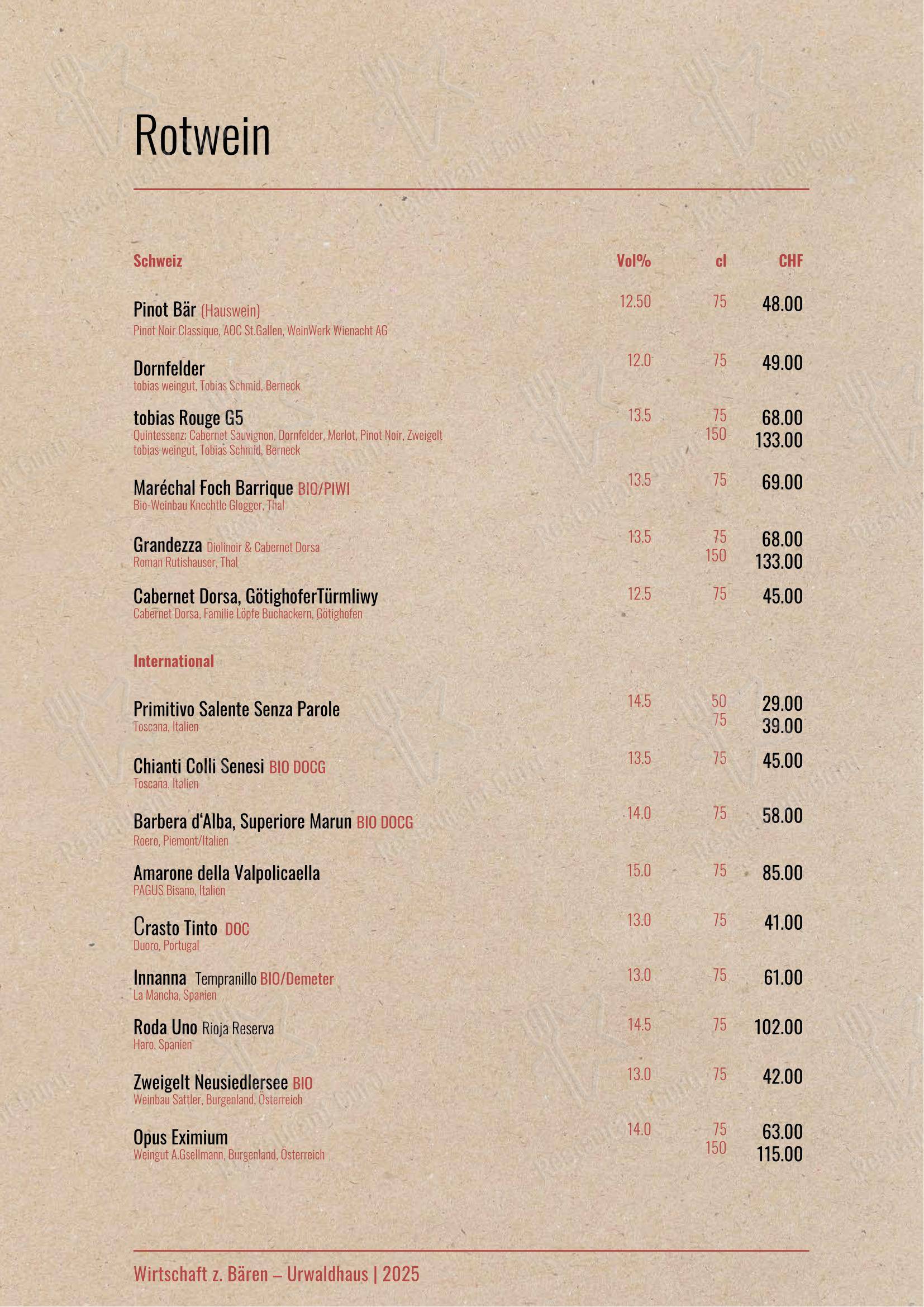 Menu bar per Urwaldhaus – Wirtschaft zum Bären ristorante