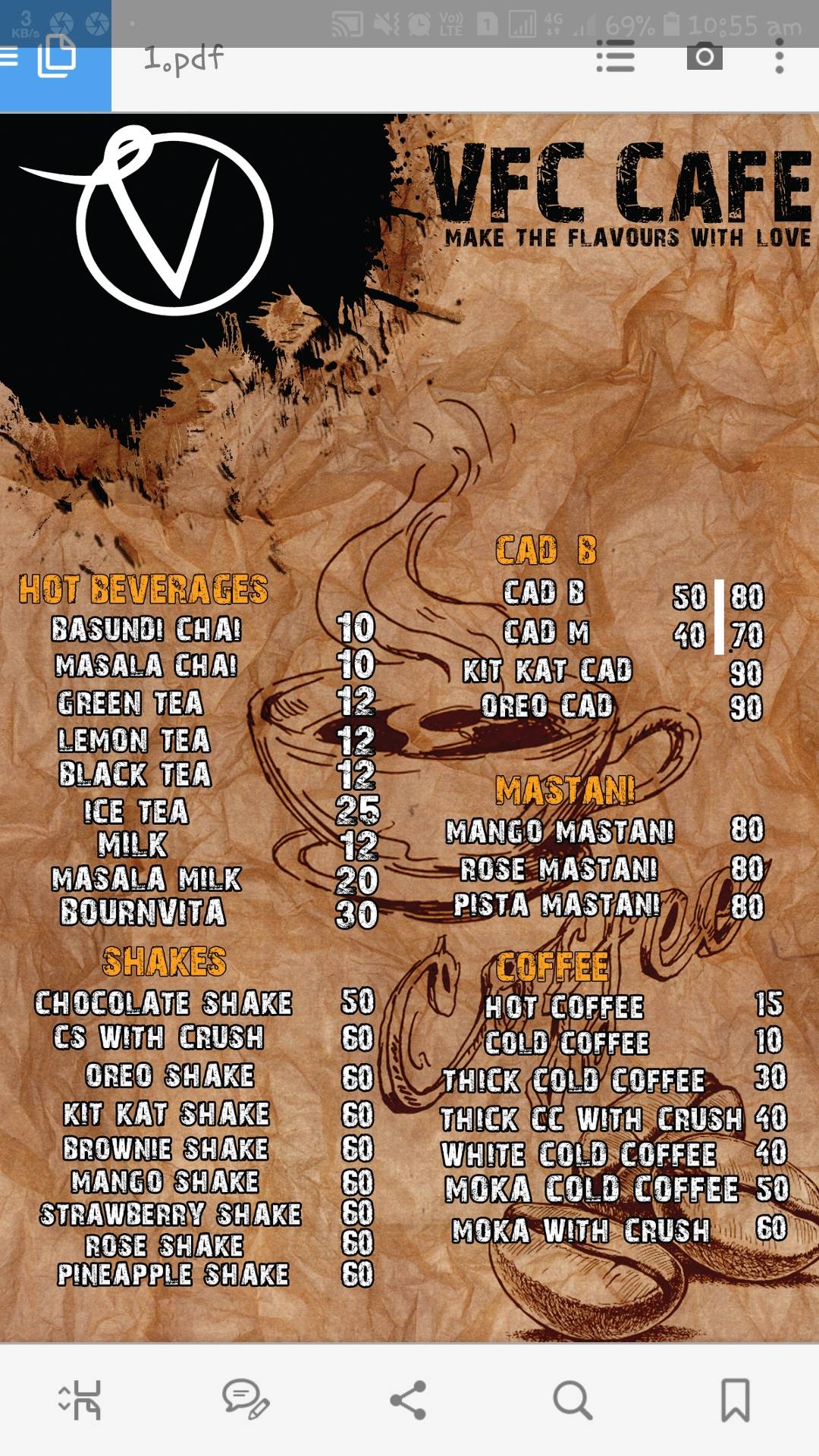 VFC Cafe menu