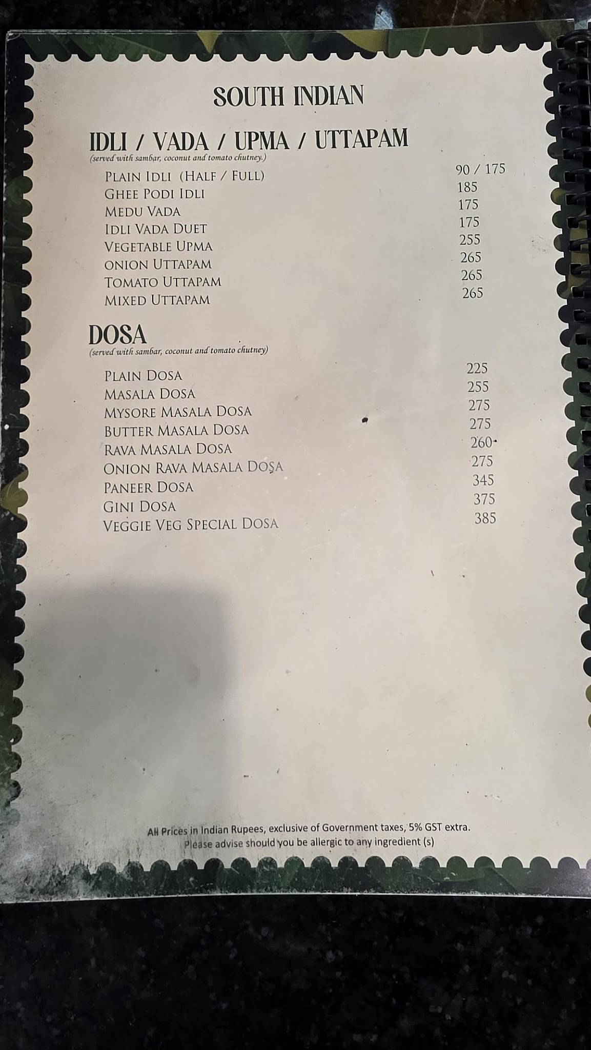 Veggie Veg menu