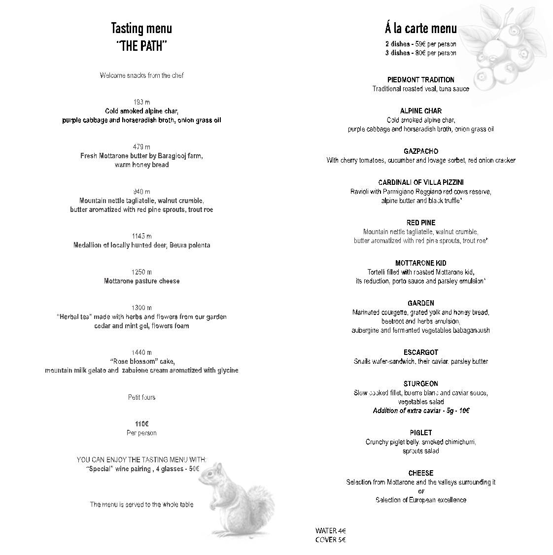Menu di Villa Pizzini 