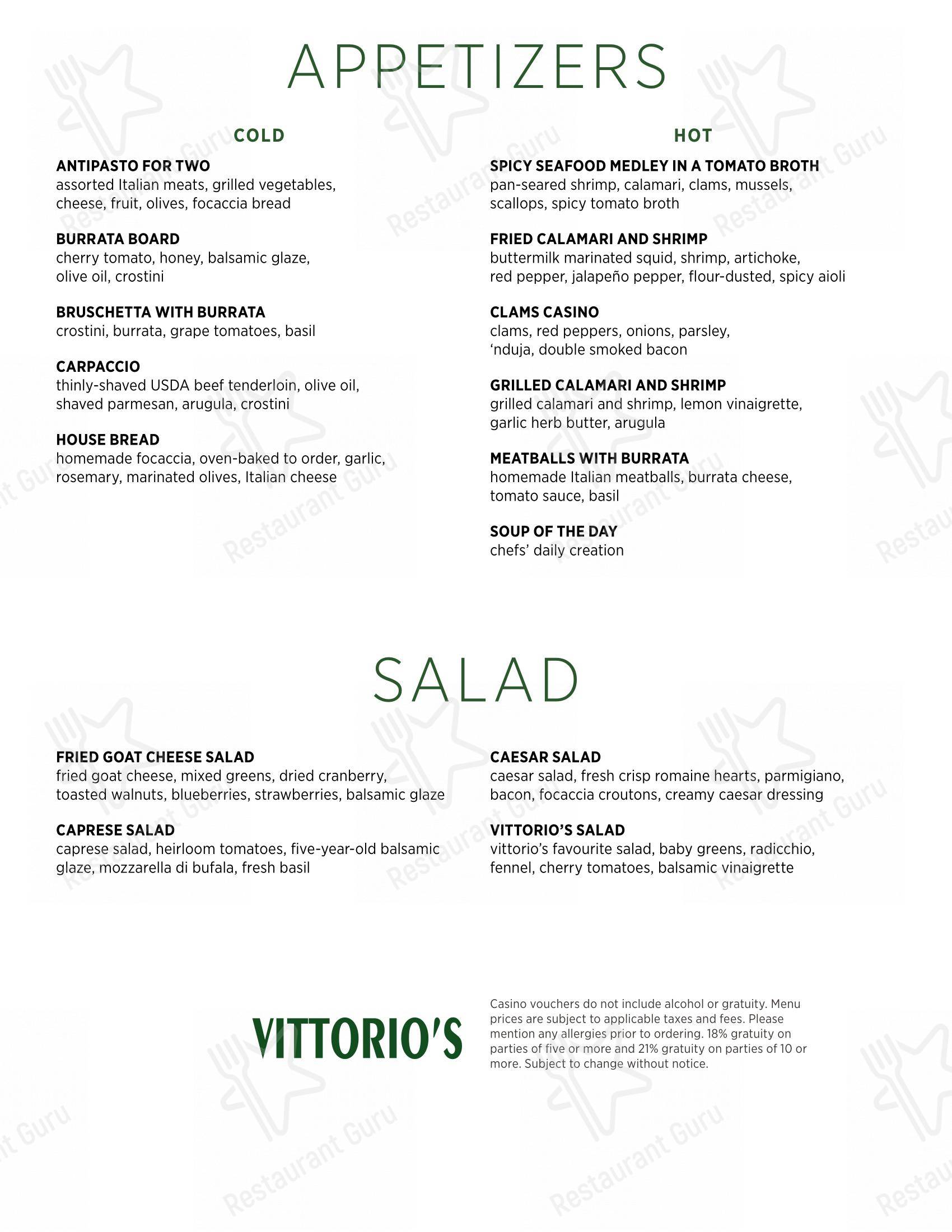 Menu at Vittorio's Italian Eatery restaurant, Niagara Falls