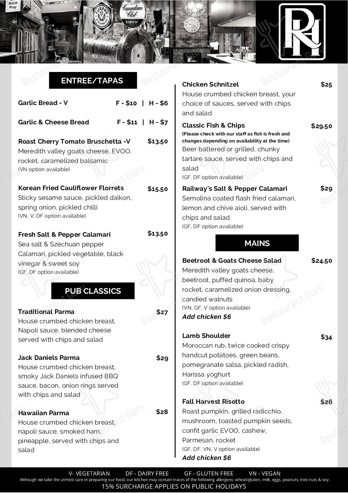 Menu at Railway Hotel pub & bar, Warragul